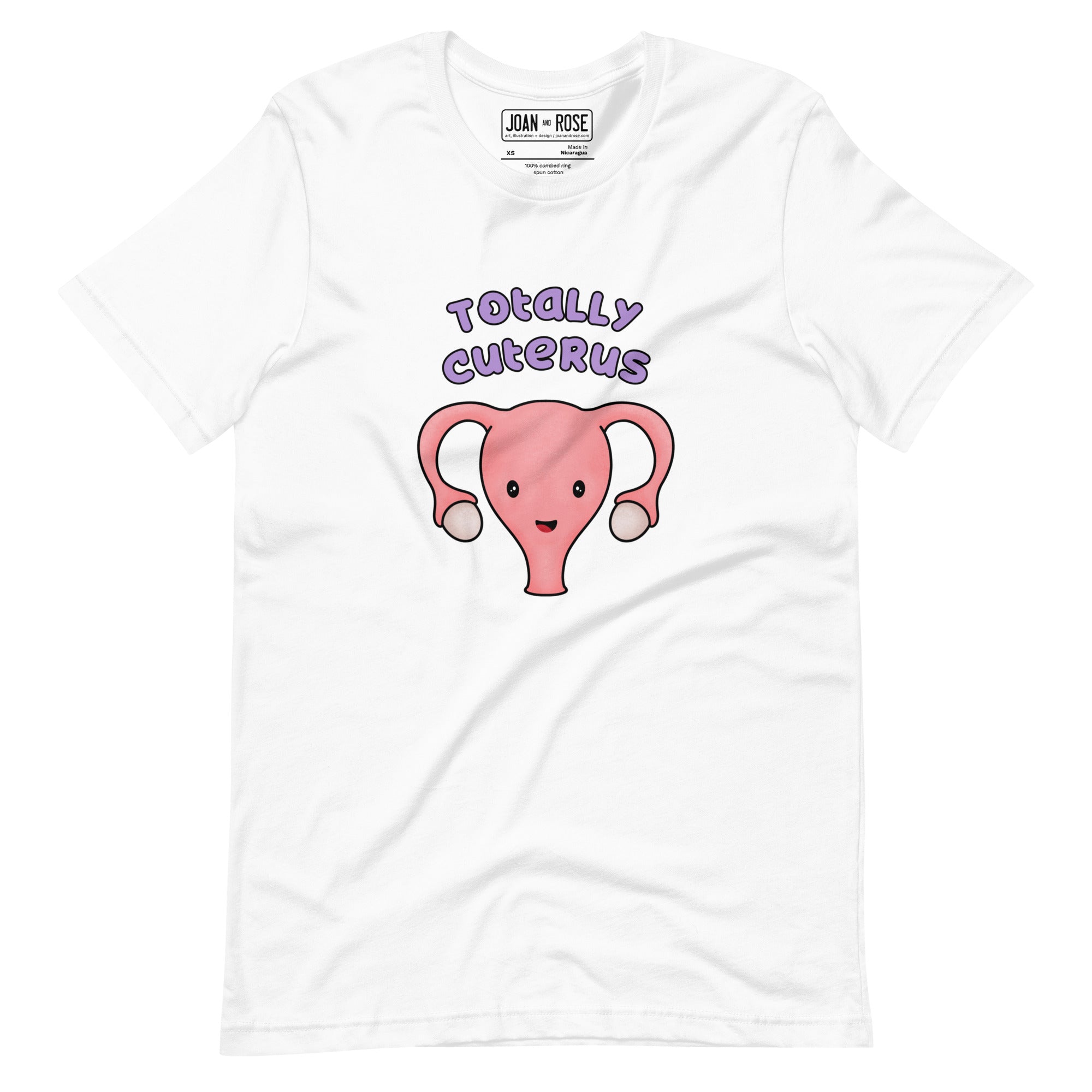 White coloured  t-shirt with an illustration of a cute uterus character smiling with the text in purple 'Totally Cuterus'